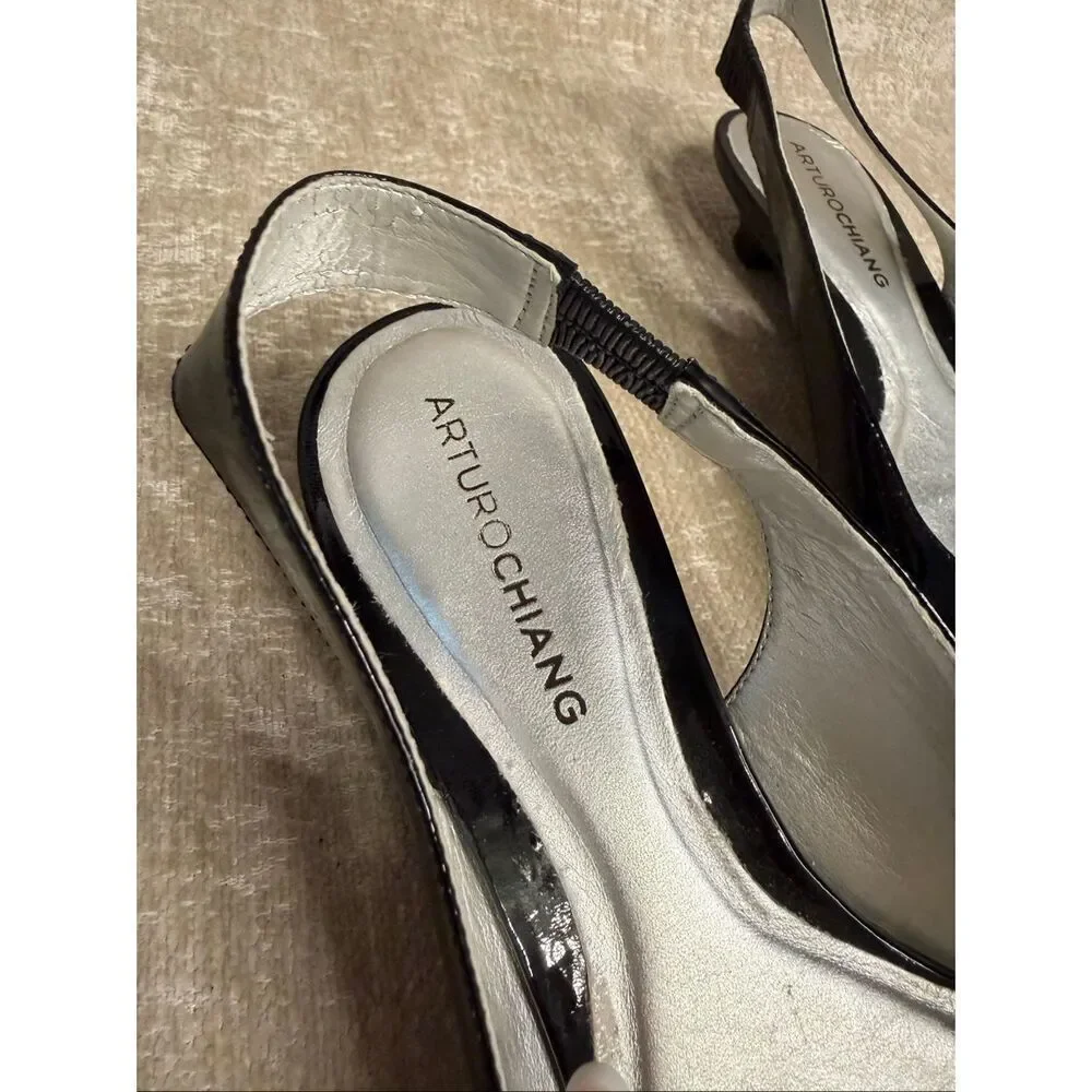 Arturo Chiang Women's Patent Leather Kitten Heel Slingback Shoes Black Size 7.5M